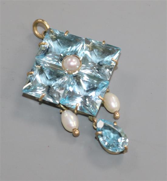 A yellow metal, blue topaz and cultured pearl drop pendant, stamped 9ct, 40mm.
